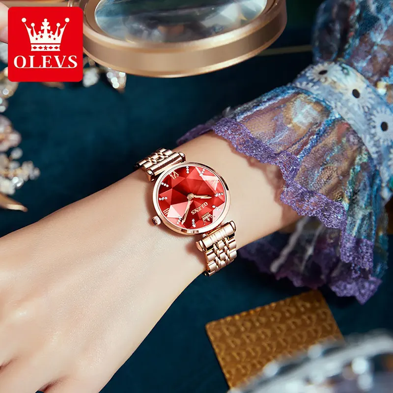 Olevs Luxury Red Diamond Dial Rose Gold Ladies Watch | 6642